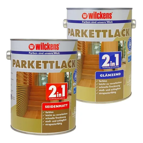 Wilckens 2in1 Parkettlack seidenmatt, 2,5 l, farblos - Lacke für Kork-, Parkett- und Holzfußböden, stoßfest und umweltschonend. Ergiebigkeit von ca. 30 m² pro Anstrich, ideal für langlebige Versiegelungen.