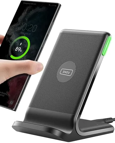 INIU Wireless Charger Stand 15W - Qi Zertifiziert - Kabelloses Qi-Ladegerät mit 15W Schnellladung, reduziert Ladezeiten um bis zu 45 Minuten und schützt den Akku durch intelligenten Temperaturmanagement.