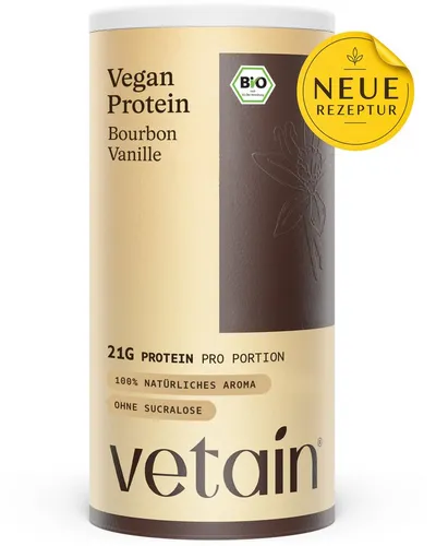 VETAIN Vegan Protein Pulver Vanille - 21g Protein pro Portion - Mehrkomponenten Proteine: Bio veganes Eiweißpulver mit 21g pflanzlichem Protein pro Portion, ohne Allergene und Zuckerzusätze, ideal für eine gesunde Ernährung.