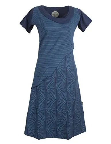 Vishes - Alternative Bekleidung - Damen Kurzarm Lagenlook Kleid Hippie Streifen Punkte Muster dunkelblau 38