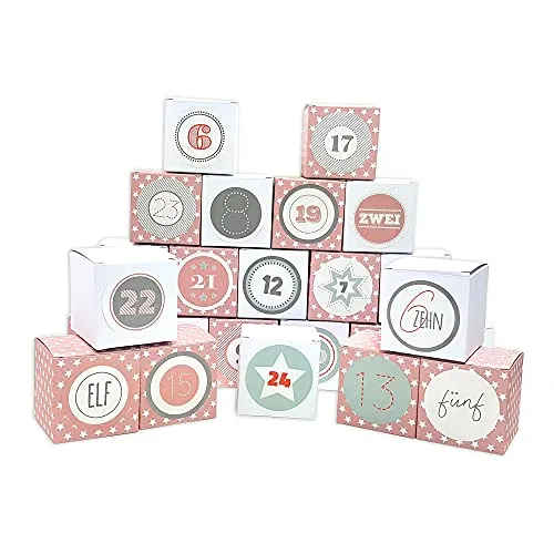 Frau WUNDERVoll® DIY Adventskalender Vorfreude zum Befüllen, 24 Faltschachteln rosa weiße Sterne/weiß 7x7x7cm(gefaltet),XL Ziffern pastell/Weihnachten, Würfelbox, Faltverpackung, Schachteln