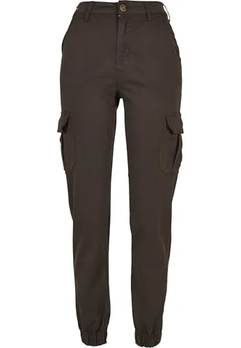 Urban Classics Damen High Waist Cargo Pants 31 Brown - Damen-Hosen mit hohem Bund, praktischen Cargo-Taschen und elastischen Bündchen für einen modernen, bequemen Look.