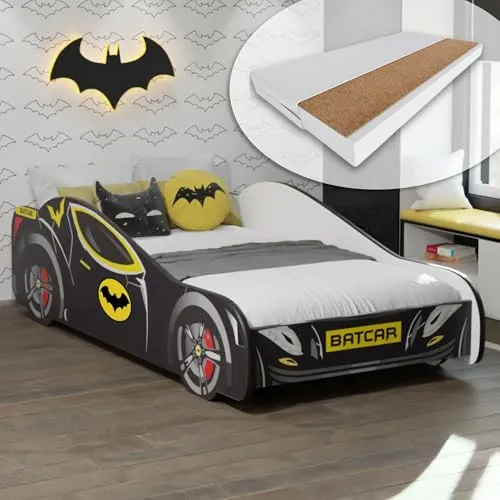 Kids Collective Autobett 80x160 cm - Batman Batmobil Kinderbett - Betten für Kinder, mit Rausfallschutz und punktelastischer Kokos-Matratze für sicheren Schlaf und Abenteuer-Träume.