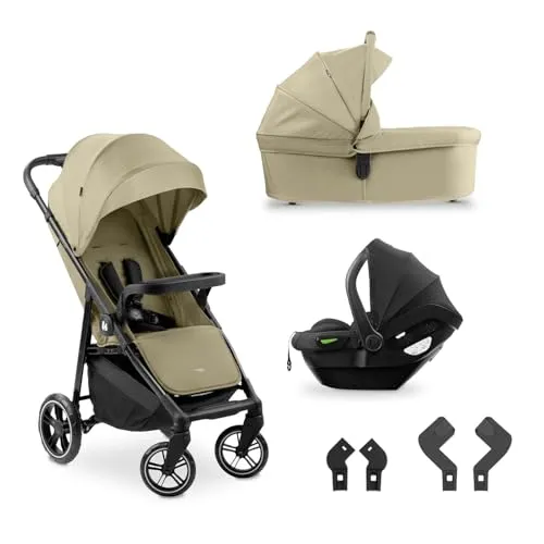 hauck 3in1 Kinderwagen Set Shop N Care Trio Set (Olive) - Vielseitiges Kinderwagen Set mit Buggy, Babywanne und Babyschale, ideal ab Geburt bis 22 kg. Kompakt zusammenklappbar, mit UV-Schutz 50+ für optimalen Schutz im Freien.