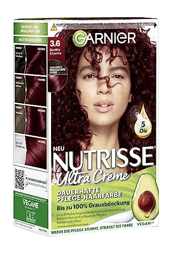 Garnier Nutrisse Haarfarbe 36 Dunkle Kirsche - Haarfärbemittel mit nährenden Fruchtölen für bis zu 100% Grauabdeckung. Erlebe seidig strahlendes Haar und langanhaltenden Glanz bis zu 8 Wochen. Inklusive pflegender Haarkur für optimale Ergebnisse.
