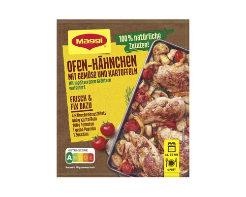 MAGGI Fix Ofen-Hähnchen mit Gemüse und Kartoffeln 27g - Mit MAGGI Fix zauberst du im Handumdrehen ein herzhaftes Ofengericht. Ideal für die Zubereitung im Backofen – perfekt für ein unkompliziertes Familienessen!