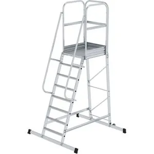 MUNK Podestleiter 303108, fahrbar, 8 Stufen - Gerüst mit einer maximalen Arbeitshöhe von 3,90 m, ideal für sichere Höhenarbeiten. Ausgestattet mit 2 Hubrollen und einem stabilen 1 m hohen Geländer für optimalen Schutz.