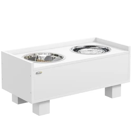 PawHut Höhenverstellbarer Hundenapf - Fressnapf für mittelgroße Hunde mit Stauraum, inklusive Anti-Schling-Matte für gesunde Fütterung und erhöhtem Design zur Förderung der Verdauung.