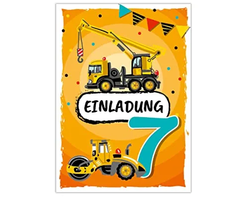 Einladungskarten zum 7. Kindergeburtstag siebte Geburtstag Jungen Baustelle Geburtstagseinladungen 12