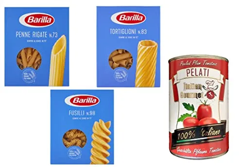 TESTPAKET Barilla Pasta 1x Penne rigate 1x Tortiglioni 1x Fusilli ( 3 x 500g ) + 1x Italian Gourmet 100% italienische geschälte Tomaten dosen 400g