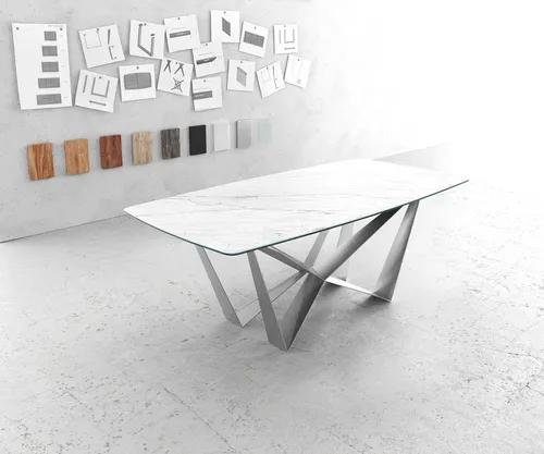 DELIFE Esstisch Edge Bootsform 200x100cm Laminam® Keramik Weiß Spider Flachstahl Edelstahl