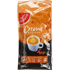 Gut & Günstig Crema Gustoso ganze Kaffee-Bohnen, 2er Pack (2 x 1 kg) - Kaffee - Vollmundige Komposition aus ausgesuchten Bohnen mit unverwechselbarem Aroma dank schonender Langzeitröstung. Ideal für Espresso und Kaffeespezialitäten.
