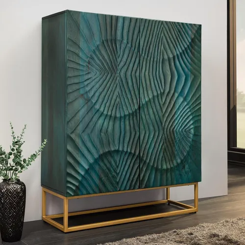 riess-ambiente Highboard SCORPION 120cm türkis/gold - Extravagantes Highboard aus massivem Mangoholz mit 3D-Schnitzereien. 2 Türen und 6 Fächer bieten ausreichend Stauraum für Ihr Wohnzimmer.