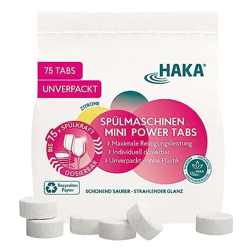 HAKA Spülmaschinen Mini Tabs, 75 Stück, Geschirrspültabs für kraftvolle Reinigung, für strahlendes Geschirr und Besteck, Fettlösekraft, umweltfreundlich