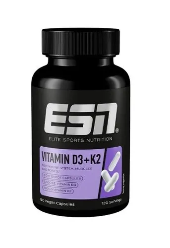 ESN Vitamin D3+K2 Kapseln - 120 Stück - Nahrungsergänzung mit D3 und K2 für eine ausgewogene Unterstützung, vegan und in praktischer Kapsel-Form, ideal für Erwachsene.