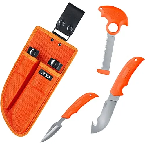 Walther Jagdset mit Messer und Säge – 440C Edelstahl - Vielseitiges Jagdset für präzise Schneidarbeiten. Enthält ein großes Skinner-Messer, ein kleines Präzisionsmesser und eine ergonomische Säge. Mit rutschfestem Griff für optimalen Halt auch bei Nässe. Praktische Nylonscheide für sicheren Transport.