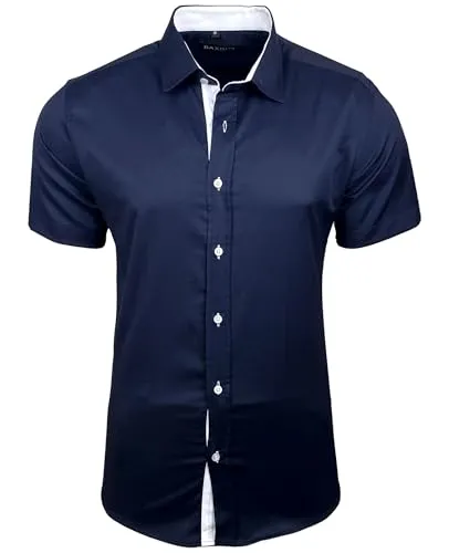 Baxboy Herren Hemd Slim-Fit Bügelleichte Business Hochzeit Freizeithemd Kurzarm Hemden für Männer Modern B-455 S-4XL, Farbe:Marine, Größe:L