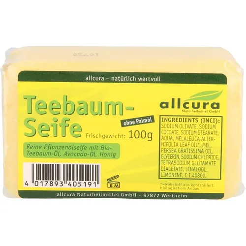 Teebaum Seife - Arzneimittel zur natürlichen Hautpflege, bekannt für ihre antibakteriellen Eigenschaften und ideal zur Unterstützung bei Hautunreinheiten.