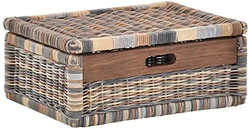Korb mit Deckel Rattan geflochten - Mehrfarbiger Aufbewahrungskorb - Regalkorb aus handgearbeitetem Rattan mit Klappdeckel, ideal für Badezimmer und andere Räume. Mit Holzrahmen und kompakten Maßen: 43x32x17cm.