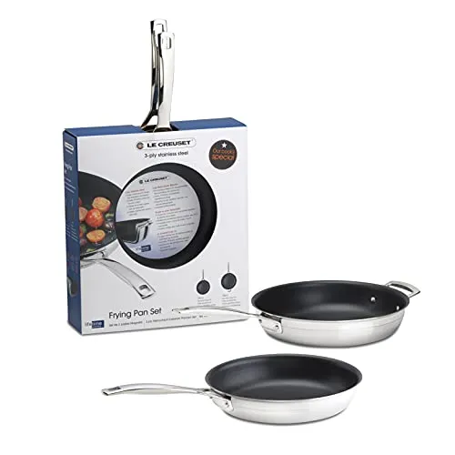 LE CREUSET 3-Ply Pfannen-Set 24+28cm - Hochwertiges 2-teiliges Pfannen-Set aus robustem Edelstahl und innovativem 3-Ply-Material für perfekte Wärmeverteilung. Ideal für alle Herdarten und backofenfest bis 260°C.
