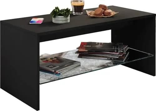 VCM Holz Couchtisch | Moderner Sofatisch mit Stauraum - Beistelltisch fürs Wohnzimmer mit edlem Glasboden und modernem Design, bietet ausreichend Stauraum für Bücher und Zeitungen – Maße ca. H. 40 x B. 90 x T. 40 cm.