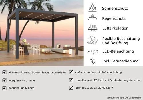 Teico Elektrische Pergola 3x4m mit LED Beleuchtung - Premium-Aluminium-Pergola mit elektrischem Dach und verstecktem Entwässerungssystem. Ideal für perfekten Schatten und stilvolle Beleuchtung im Garten.