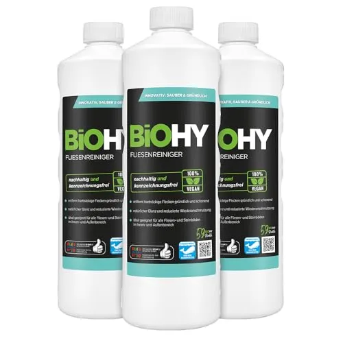 BiOHY Fliesenreiniger (3x1l Flasche) | Effektive Reinigung für Stein- & Fliesenböden - Effektiver BiOHY Fliesenreiniger für die schonende Reinigung von Fliesen im Bad und Wohnbereich. Hinterlässt eine schmutzabweisende Glanzschicht und entfernt mühelos alle Arten von Schmutz. Umweltfreundlich und nachhaltig in der Anwendung.