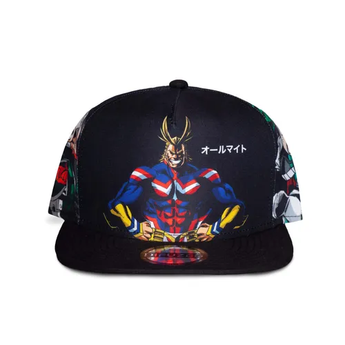 My Hero Academia Snapback Cap mit All Might, Deku & Bakugo - Herren Snapback Cap mit einzigartigem Anime-Design. Vorderseite zeigt All Might, Seiten mit Deku und Bakugo. Flacher Schirm und verstellbarer Verschluss für optimalen Sitz.