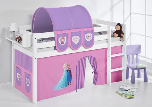 Lilokids Hochbett JELLE mit Vorhang FROZEN - Hochbett JELLE von LILOKIDS für kreative Träume und Spielspaß. Mit Eiskönigin-Vorhang und beidseitig montierbarer Leiter, sorgt es für Sicherheit und Flexibilität im Kinderzimmer. Der Vorhang ist inklusive!
