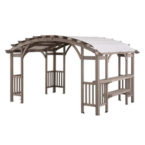 Sunjoy Zedernholz Pergola DAJTI - 305cm x 427cm, grau - Außenanbau mit hochwertiger Zedernholzrahmenkonstruktion, wetterbeständigem Baldachin und praktischem Regal für kühle Getränke - ideal für entspannte Stunden im Freien.