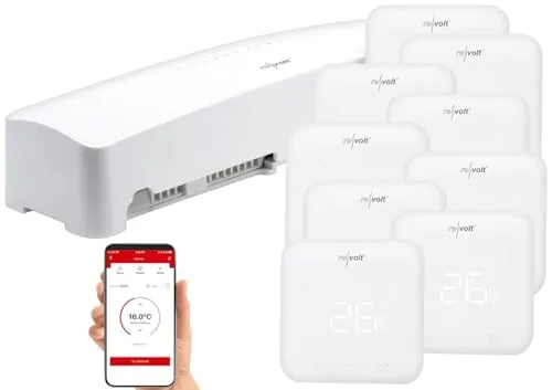 revolt WLAN-Fußbodenheizungs-Controller mit 8 Thermostaten - Intelligente Steuerung für wasserbasierte Fußbodenheizungen, bis zu 8 Stellantriebe. Mit kostenloser App "ELESION" und Sprachsteuerung über Alexa, Google Assistant und Siri. Energieeinsparung durch Fenster-offen-Erkennung.