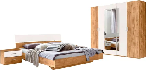 Mid.you Schlafzimmer Wimex Katrin, 4-teilig, Weiß/Eiche - Komplettes Schlafzimmer mit 2 Nachttischen, 5-türigem Kleiderschrank und Bett (180x200 cm) für eine einladende Atmosphäre. Made in Germany, ideal für Ihr Wohlfühl-Oase.