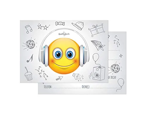 Friendly Fox Einladung DJ Smiley, 12 Einladungskarten Smiley Geburtstag Kinder Jungen Mädchen, Einladung Kindergeburtstag Emoji, Geburtstagseinladung