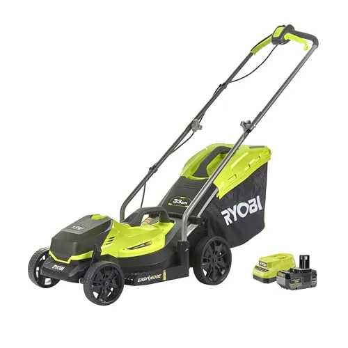 Ryobi Rasenmäher RLM18X33B40 ONE+ - Akku 18V mit Mulchfunktion - Akku-Rasenmäher mit 33 cm Schnittbreite, ideal für Rasenflächen bis 250 m². Ergonomischer Handgriff, einstellbare Schnitthöhe und praktische Mulchfunktion für einen gepflegten Rasen.