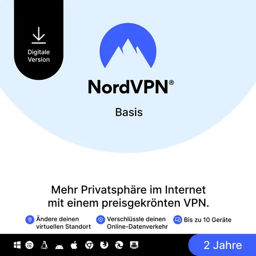 NordVPN Basis - Premium-VPN für 10 Geräte - Antivirus/Internet-Sicherheit: Schützen Sie Ihre Online-Privatsphäre mit NordVPN, ideal für 10 Geräte und 2 Jahre Nutzung.