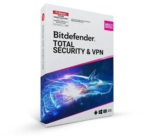 Bitdefender Total Security & Premium VPN - 3 Geräte, 1 Jahr - Security-Suite mit umfassendem Schutz vor Malware und unbegrenztem VPN-Datenverkehr für maximale Privatsphäre und Sicherheit auf bis zu 3 Geräten.