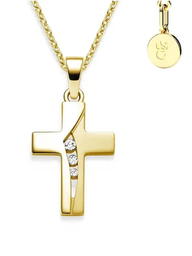 Kreuz Kette Mädchen Gelbgold – Zirkonia Kreuz-Anhänger - Ketten für Mädchen: Edle Kreuzkette aus Silber 925, vergoldet mit Zirkonia, variabel in der Länge und personalisierbar – das perfekte Geschenk zur Kommunion oder Taufe.
