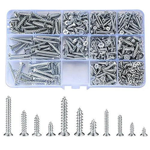 Ewwtrey 537 Stk M3 M4 M5 Selbstschneidende Schrauben Sortiment, verzinktes Kreuz Flachkopf Senkschrauben Set, Holz Maschinen Befestigungs Schrauben für Heimwerker - 11 Größen (Silber 537)