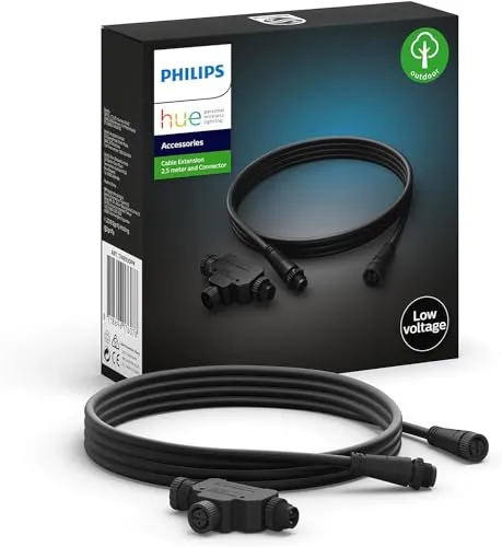 Philips Hue Outdoor LV Cable 2.5M + T-part - Smart Home Kabel für Philips Hue, 2,5 m lang für einfache Installation und inkl. T-Split-Anschluss für flexible Erweiterung Ihrer Außenbeleuchtung.