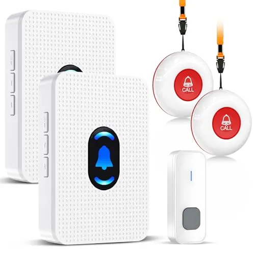 Daytech Notrufknopf für Senioren mit Notrufarmband (2x Empfänger + 3x Sender) - Der Daytech Notrufknopf ermöglicht Senioren schnelle Hilfe auf Knopfdruck. Ideal für Zuhause oder Pflegeeinrichtungen, bietet er eine Reichweite von bis zu 30 Metern und eine einfache Bedienung mit anpassbaren Klingeltönen.