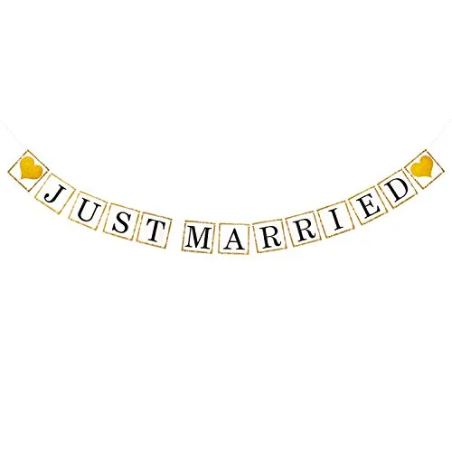Oblique Unique® Just Married Girlande Banner mit goldenen Herzen Hänge Deko für Hochzeit Dekoration Hochzeitsdeko in Weiß und Gold