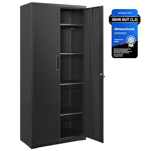 SONGMICS Aktenschrank OMC015B01 - Vertikaler Büro-Aktenschrank mit 5 verstellbaren Ablagen, aus robustem Stahl für hohe Belastbarkeit und Sicherheit durch Stahlschloss.