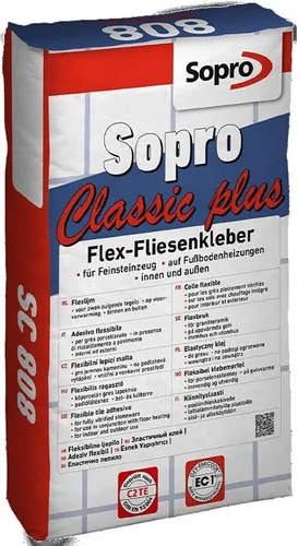 Sopro ClassicPlus SC 808 Zementärer Flex-Fliesenkleber 25 kg - Flexibler C2 TE Fliesenkleber für Fliesen und Stein, ideal für anspruchsvolle Anwendungen, sorgt für dauerhafte Haftung und hohe Flexibilität.
