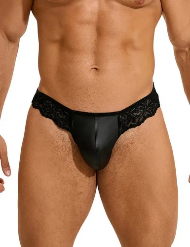 Lau-Fashion Tanga Männer Spitze Lack Leder Herren Wetlook String Unterwäsche M/L/XL M/L