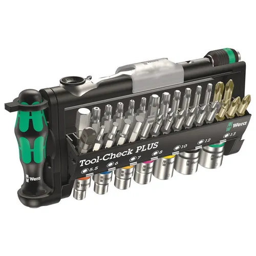 Wera Bitset Tool-Check PLUS 39-teilig - Schlitz, Kreuz, Torx, Steckschlüssel, ideal für beengte Schraubsituationen mit ergonomischem Griff und schnellem Bitwechsel
