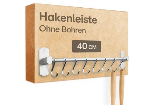 Praknu Hakenleiste für Küche - 8 verstellbare Haken, selbstklebend und ohne Bohren - Platzsparende Hakenleiste für Küchenutensilien, einfach zu montieren und rostfrei. Ideal für Ordnung in Küche, Bad oder Flur – modern und funktional.