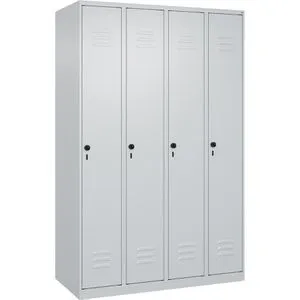 CP-Möbel Spind Classic PLUS, lichtgrau, 4 Abteile mit Sicherheitsschloss - Stabiler Büroschrank mit 4 Abteilen (je 30 cm) und Sicherheits-Drehriegelschloss. Hochwertige Pulverbeschichtung, optimale Belüftung und 10 Jahre Garantie. Ideal für die sichere Aufbewahrung von persönlichen Gegenständen.