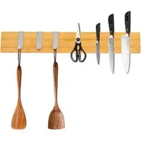CHEFGASTRO Magnetleiste Magnetische Messerleiste Messerhalter Aus Bambus 6,2x40x2,1cm Mit 3 Silbernen Haken Bambus Extra Stark