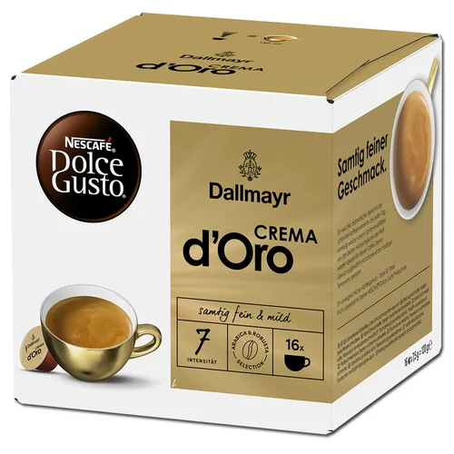 Dallmayr Crema d'Oro Kaffeekapseln, 16 Stück, kräftiger Kaffee - Genießen Sie mit Dallmayr Crema d'Oro Kaffeekapseln aus 100 % Arabicabohnen einen kräftigen Kaffeegenuss. Ideal für Dolce Gusto Maschinen, garantieren sie einfache Zubereitung und vollen Geschmack in jeder Tasse.