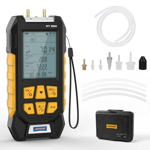 AUTOOL Manometer Digital, PT530 HLK Manometer, -1000~3000mbar / -100~300Kpa, ±0,25% FS Genauigkeit, Differenzdruckmessgerät met Adapter, Taschenlampe, 10 wählbaren Einheiten, Werkzeugkasten